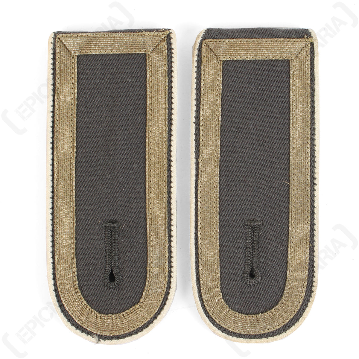 Front view of surplus German Bundeswehr Stabsunteroffizier shoulder boards with tan tresse on a dark grey wool base.