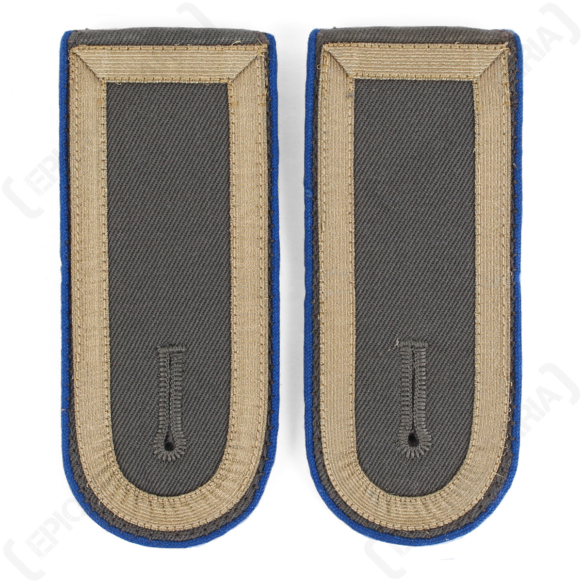 Pair of German Bundeswehr Stabsunteroffizier shoulder boards featuring blue piping, used military surplus condition.