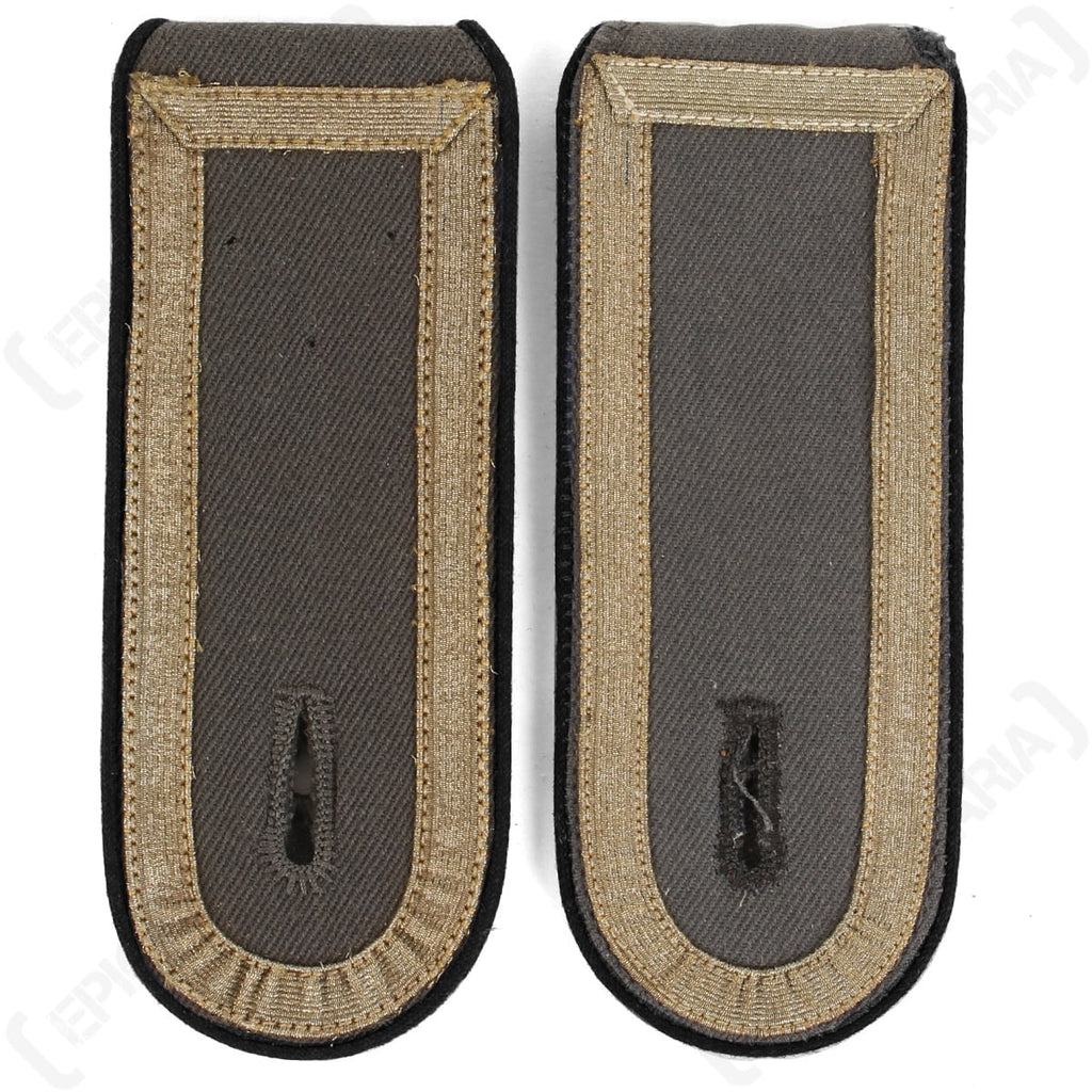 Pair of German Bundeswehr Stabsunteroffizier shoulder boards with black piping and dark grey fabric construction.