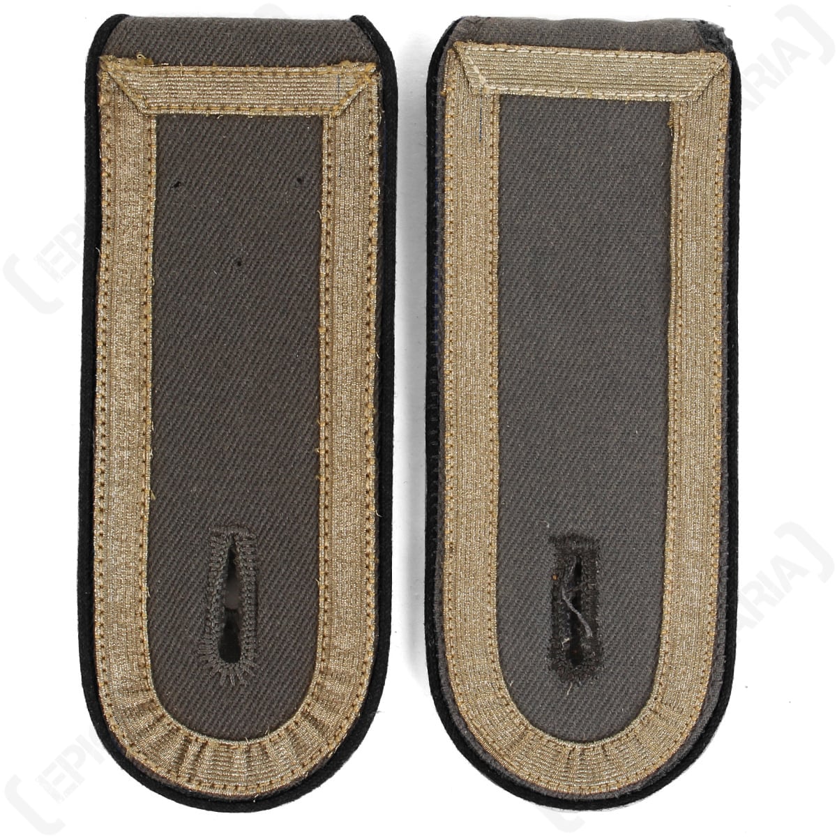 Pair of German Bundeswehr Stabsunteroffizier shoulder boards with black piping and dark grey fabric construction.