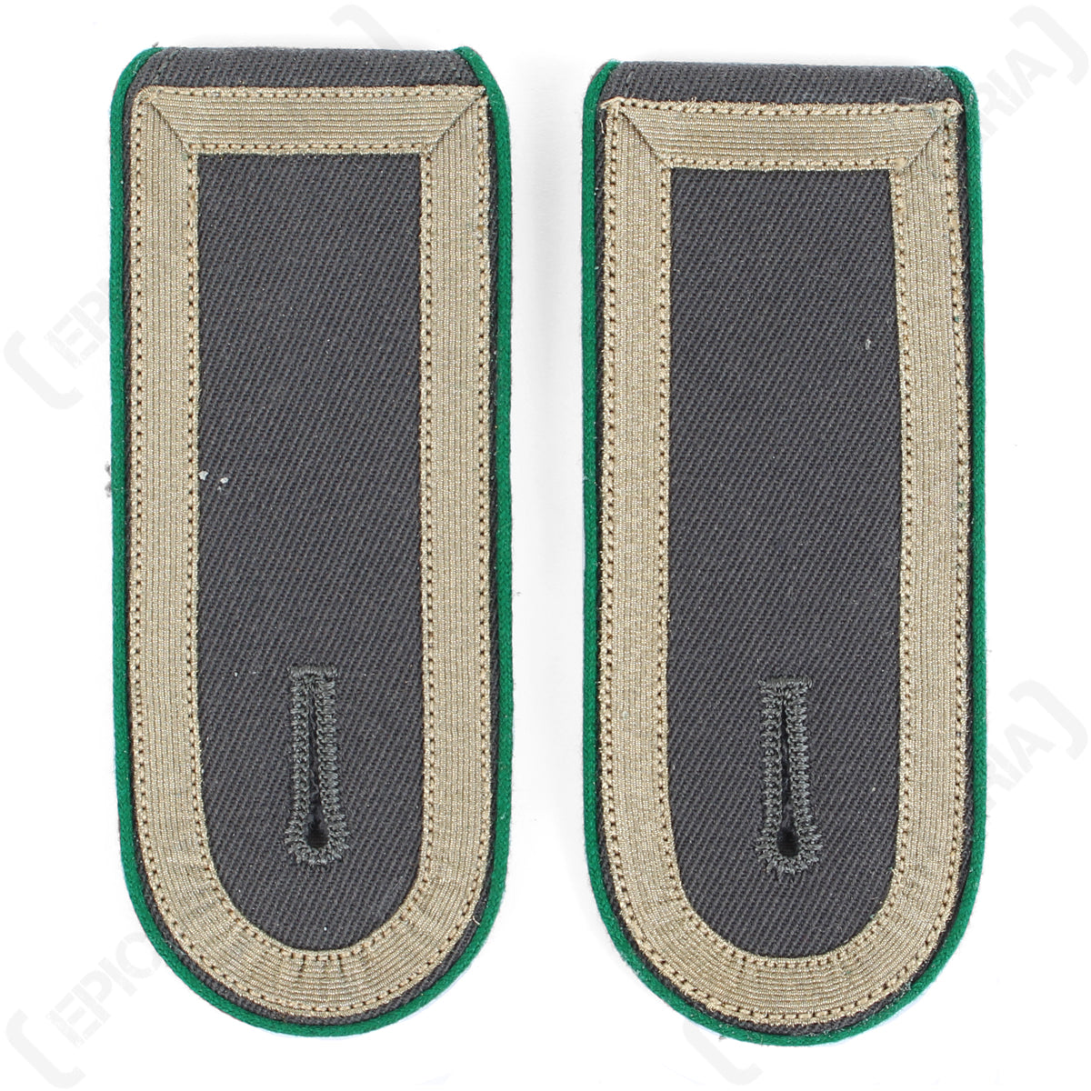 Pair of German Bundeswehr Stabsunteroffizier shoulder boards featuring green piping and standard military rank design.