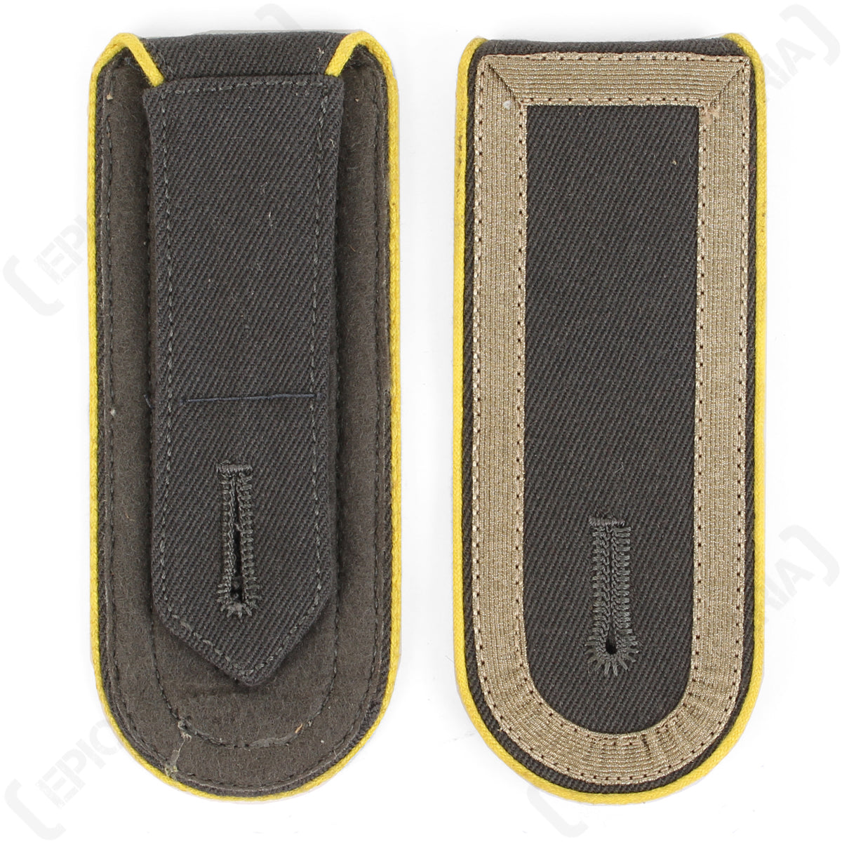 Front and back view of German Bundeswehr Stabsunteroffizier shoulder boards showing yellow piping and attachment tabs.