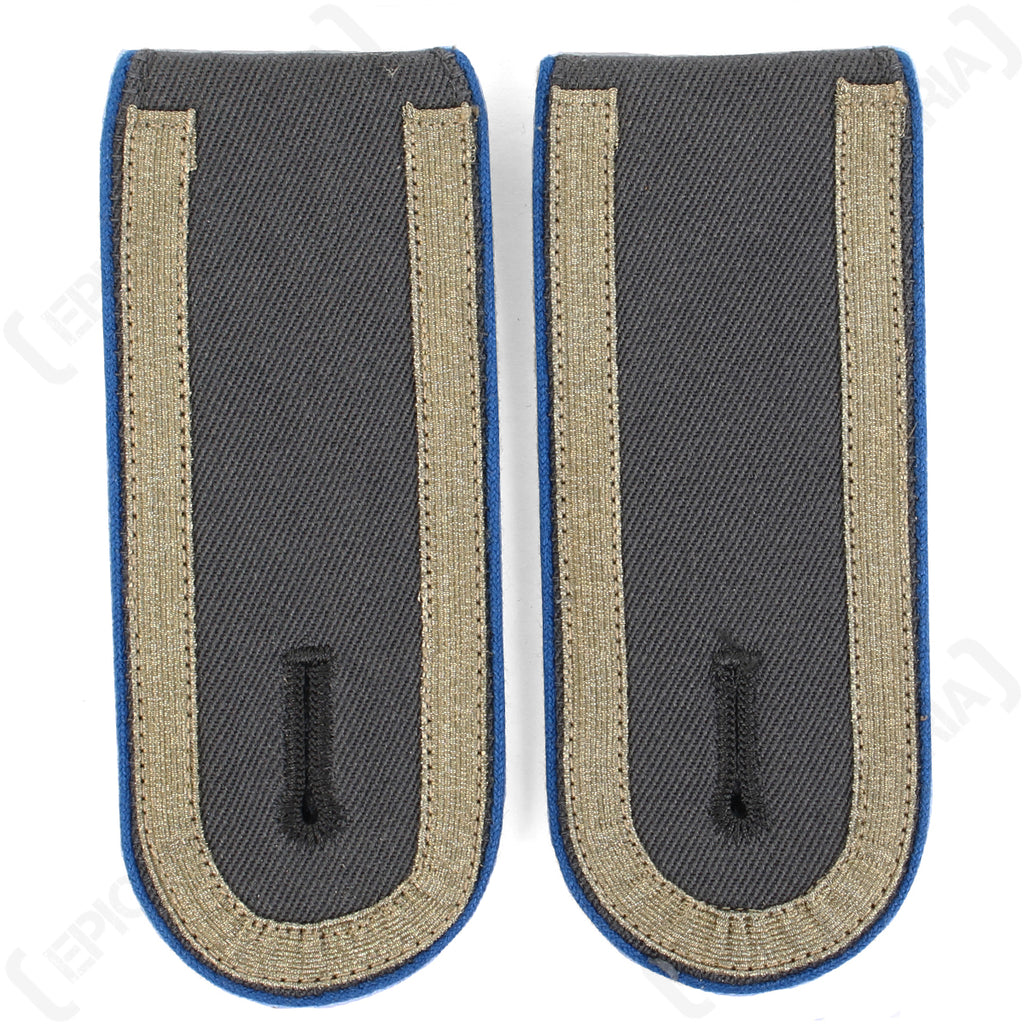 Pair of German Unteroffizier rank boards with blue piping trim and grey fabric, suitable for uniform display.