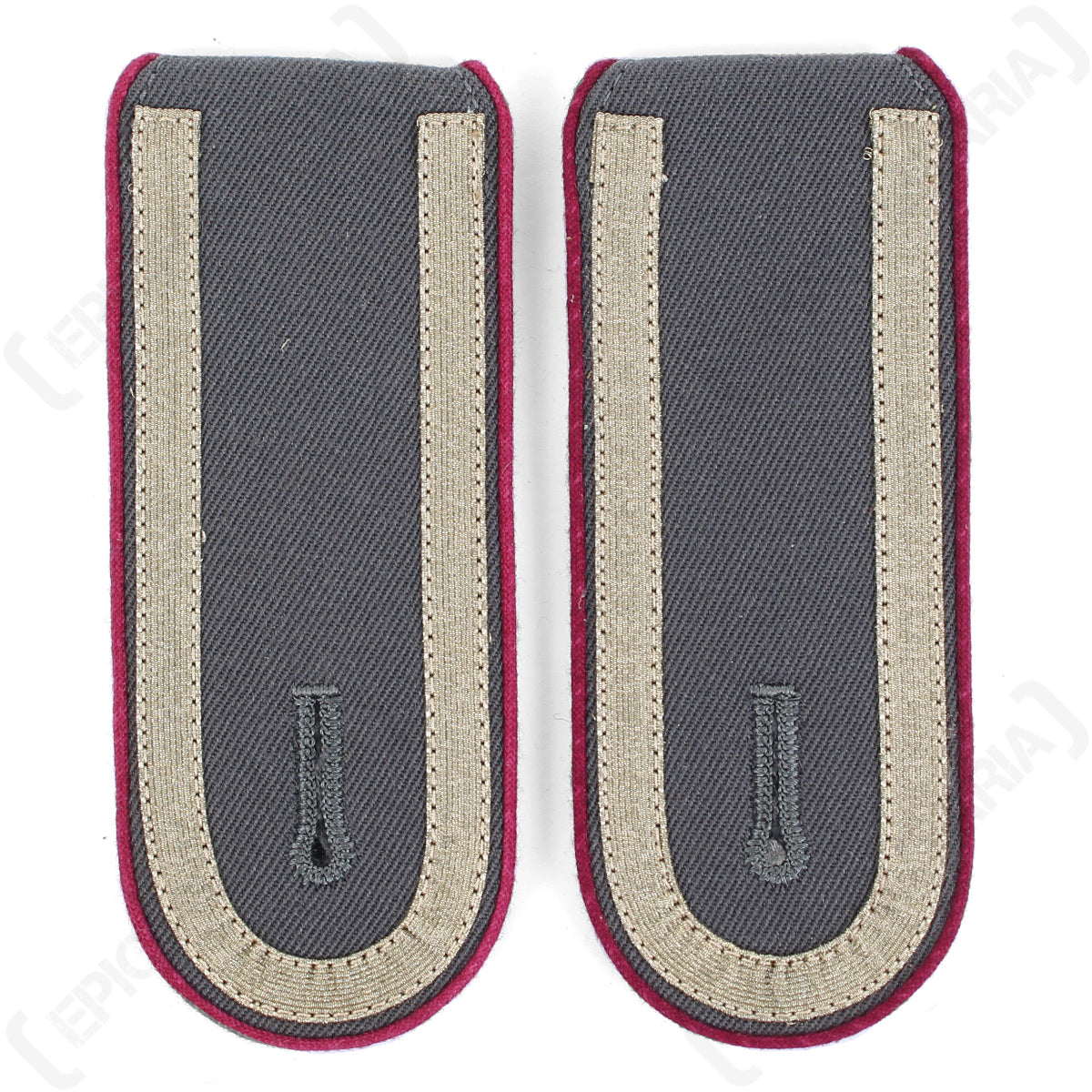 Pair of dark grey Bundeswehr Unteroffizier shoulder boards with magenta piping accents and woven grey trim.