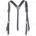 Original East German Koppeltragegestell Y-straps featuring grey nylon webbing, round vinyl back divider, steel belt hooks, and adjustable metal sliders.