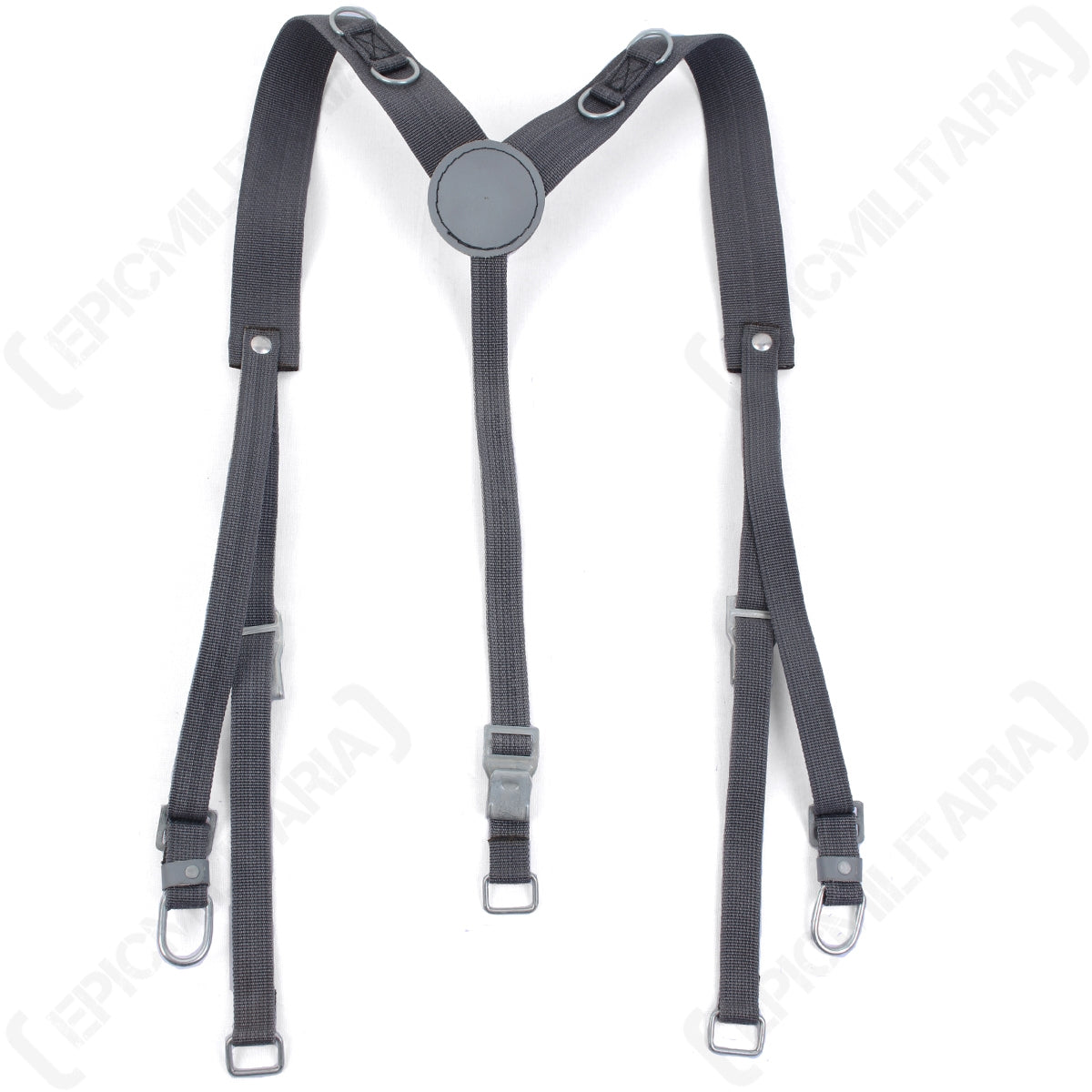East German NVA military surplus Y-straps with tactical metal D-rings, grey nylon load-bearing webbing, and adjustable hardware for a custom combat belt fit.