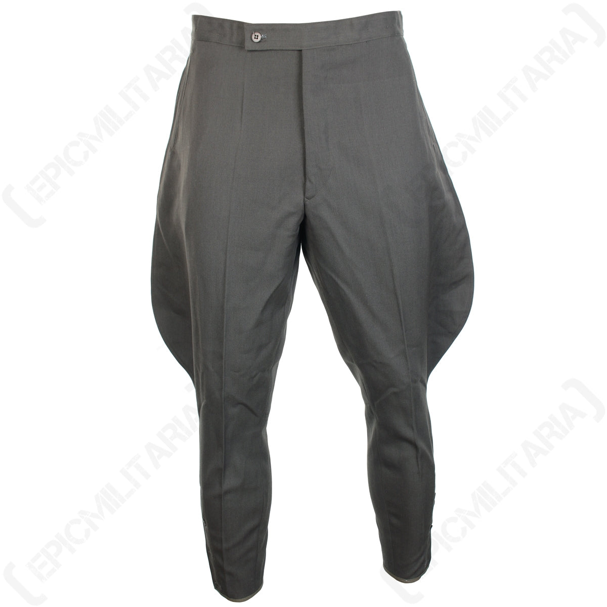Front view of original German Officer Grey Jodhpurs in Supergrade condition, showing the flared thigh cut and tapered leg.