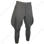 Angled side view of authentic military surplus German Officer jodhpurs, highlighting the traditional waist closure and tailored design.