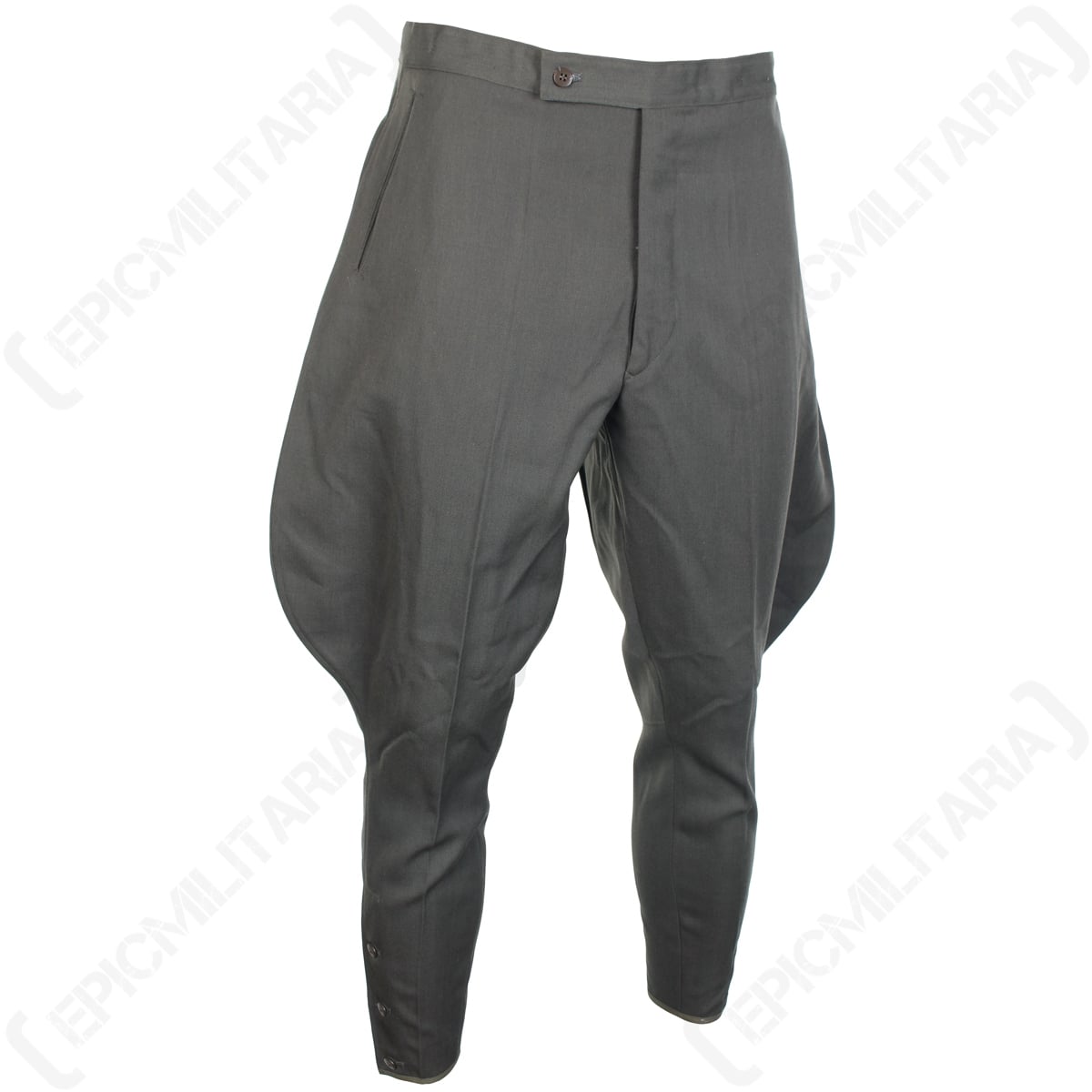 Angled side view of authentic military surplus German Officer jodhpurs, highlighting the traditional waist closure and tailored design.