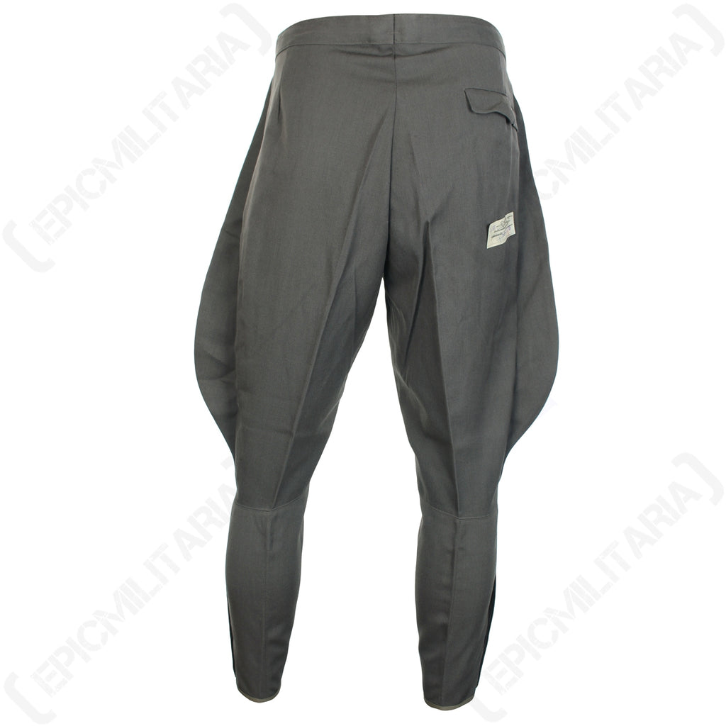 Rear view of original German Officer grey wool-mix jodhpurs, featuring a back pocket and authentic surplus labeling detail.