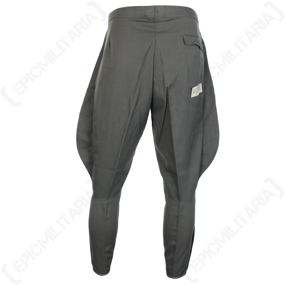 Rear view of original German Officer grey wool-mix jodhpurs, featuring a back pocket and authentic surplus labeling detail.