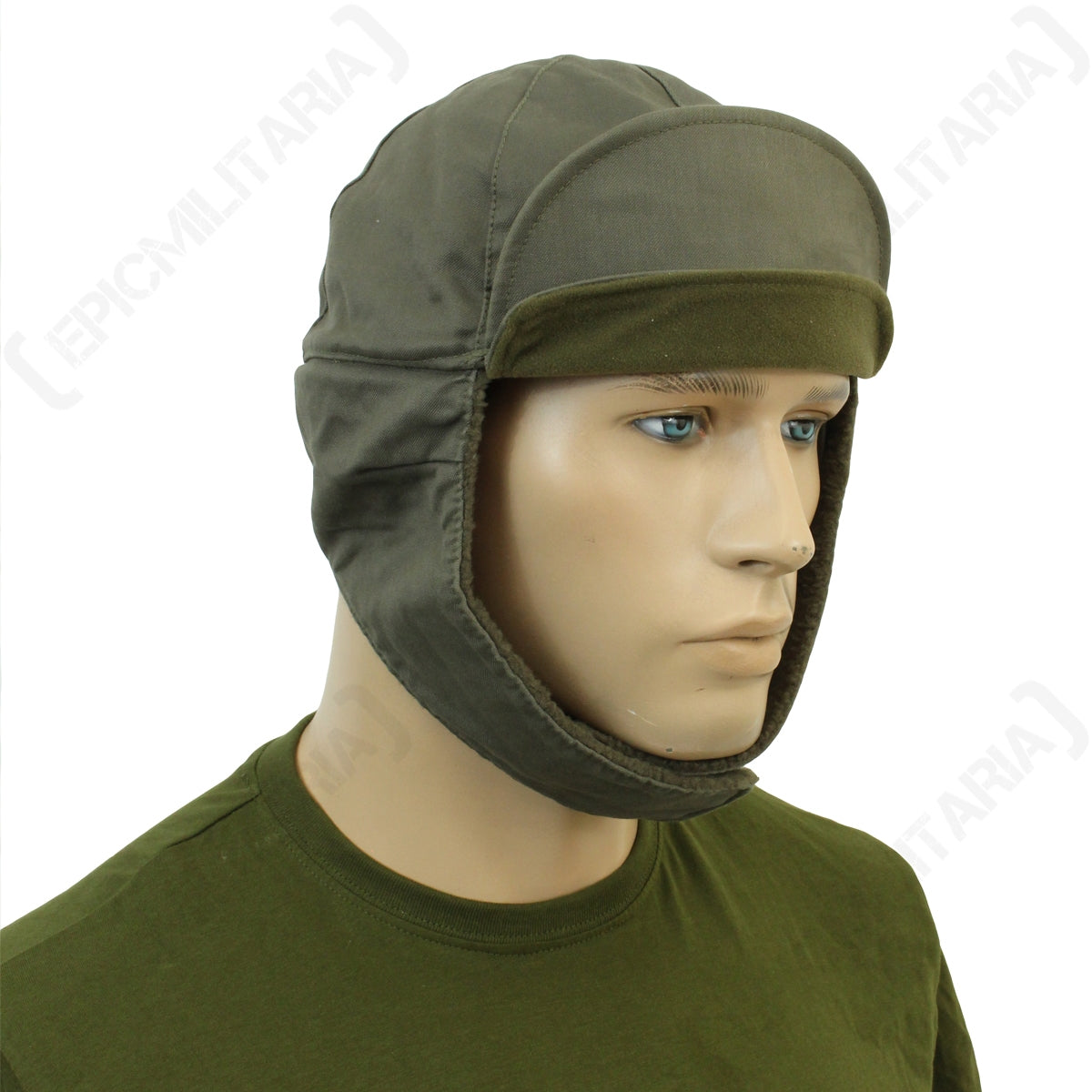 Front profile view of the German Army surplus winter cap with extended ear flaps and a protective peak.
