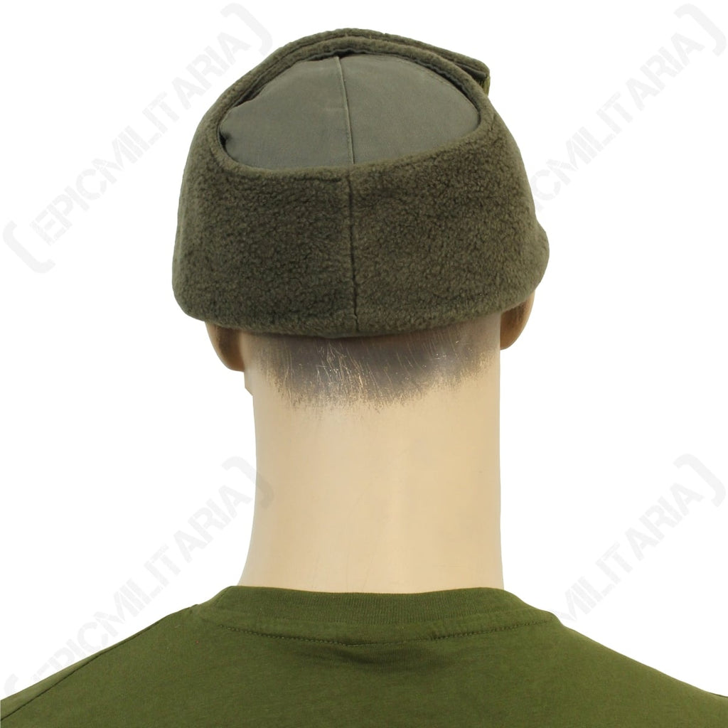Rear view of the genuine German Army surplus winter cap featuring olive green cotton and fleece-lined flaps.