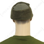 Rear view of the genuine German Army surplus winter cap featuring olive green cotton and fleece-lined flaps.