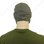 Rear view of the German Army surplus winter cap, highlighting the solid olive green cotton fabric design.
