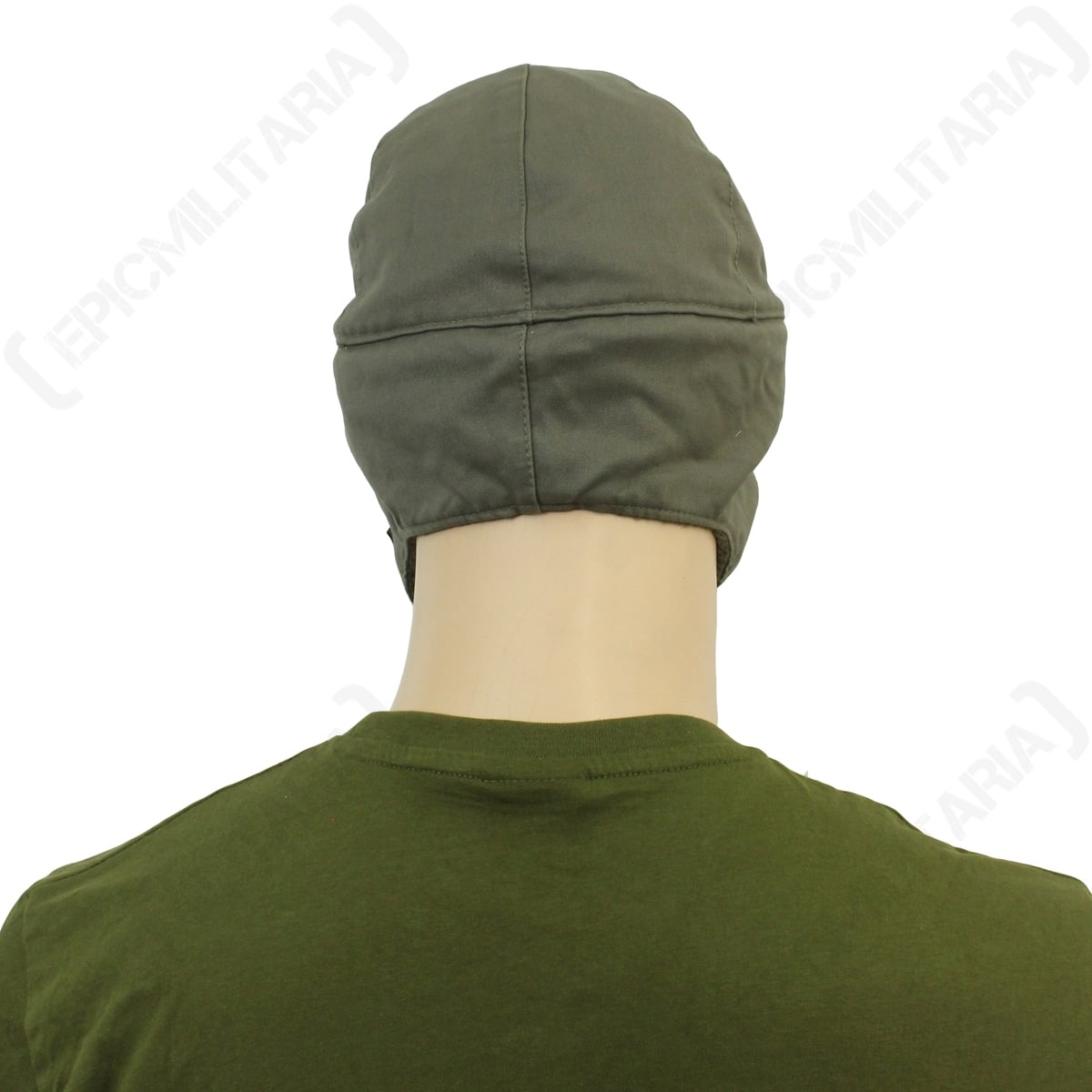 Rear view of the German Army surplus winter cap, highlighting the solid olive green cotton fabric design.
