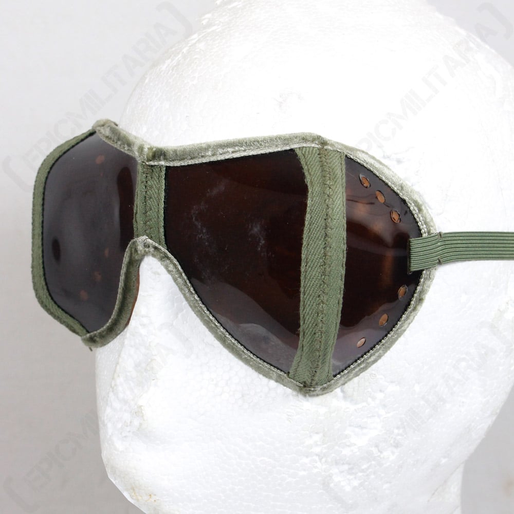 Grade 2 surplus Panzer goggles with brown tinted lenses, shown on a mannequin head to demonstrate fit and historic design features.