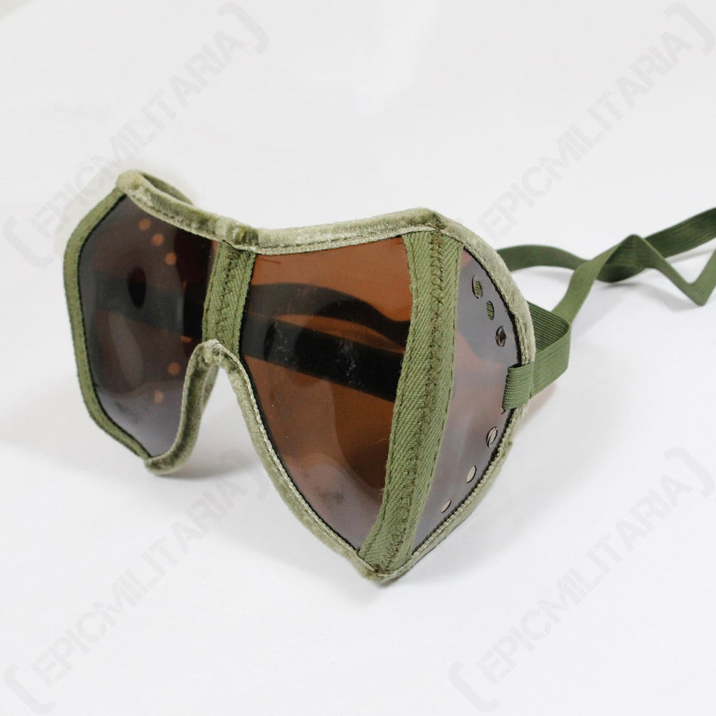 WW2 German style Panzer goggles featuring brown tinted lenses, olive green fabric trim, and an elasticated green strap for reenactors.