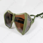 WW2 German style Panzer goggles featuring brown tinted lenses, olive green fabric trim, and an elasticated green strap for reenactors.