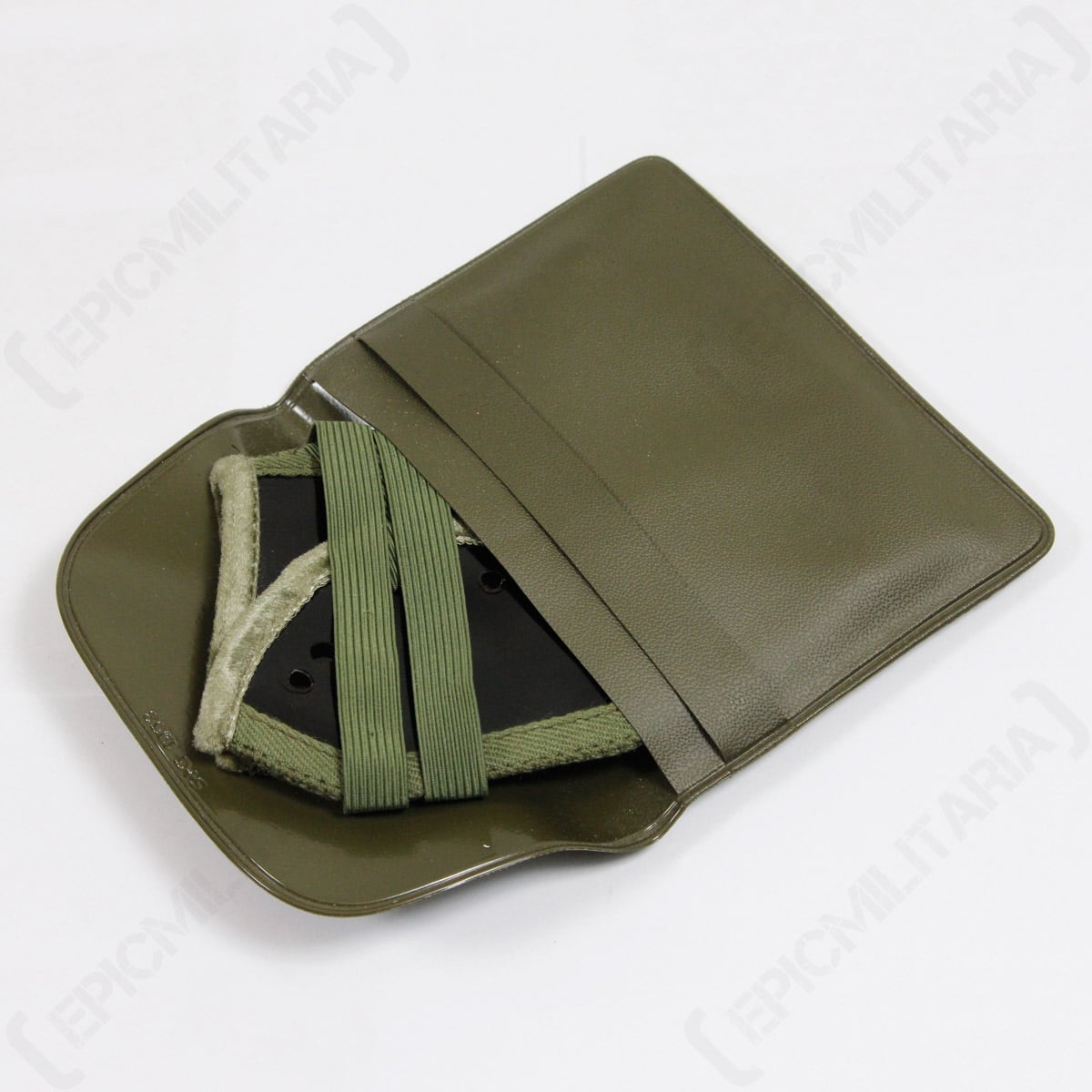 Folded WW2 style Panzer goggles resting inside their olive green protective storage case with a textured finish.