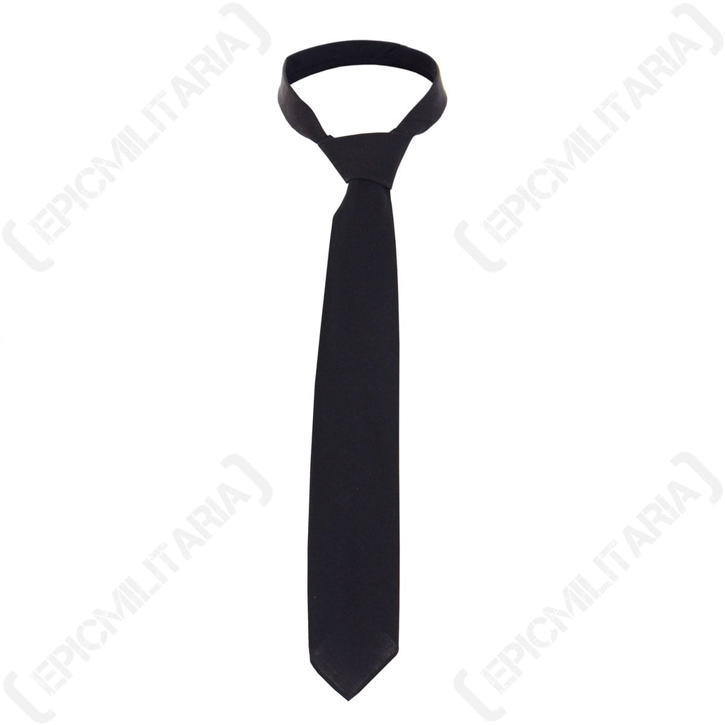 Original vintage black German Army issue necktie displayed in full, showing the classic formal design and woven fabric texture.