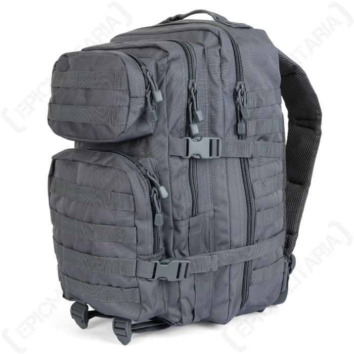 Mil-Tec 36L MOLLE assault pack in dark grey, highlighting the durable polyester shell and heavy-duty two-way zippers.