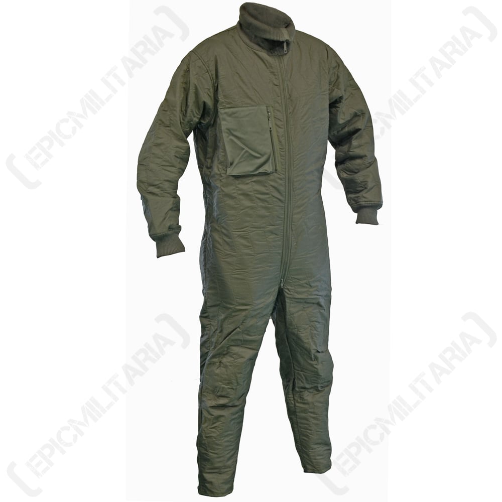 German Army olive drab tanker overalls featuring a quilted design, full front zip, knitted collar, and secure chest pocket.