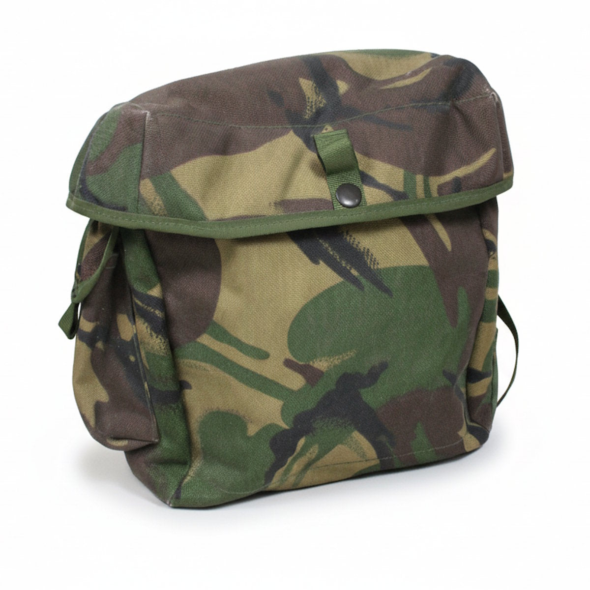 Three-quarter angle of the military-grade 1000D Cordura nylon S10 gas mask bag with a secure press-stud closure flap.