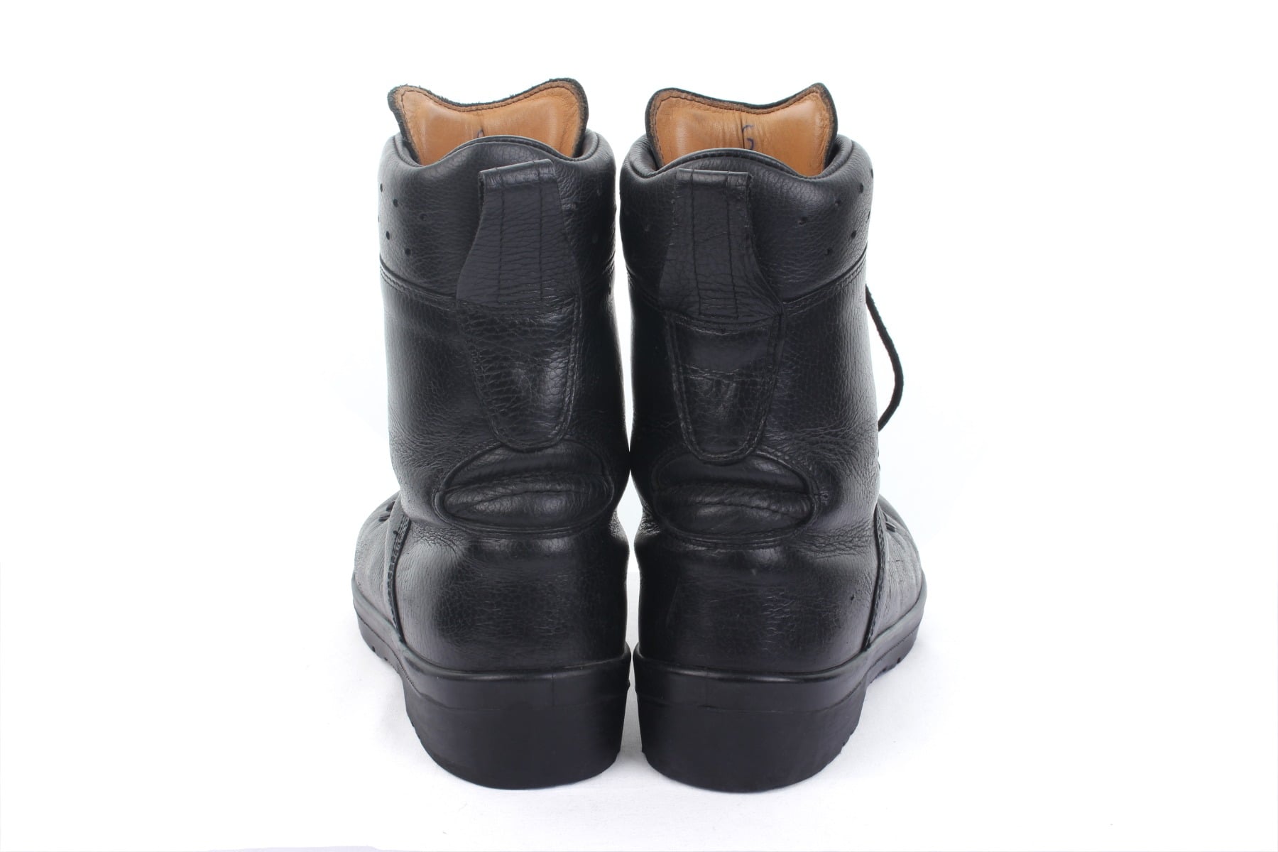 Rear view of a pair of German Army combat boots showcasing the heel flex zone for improved comfort during marches.