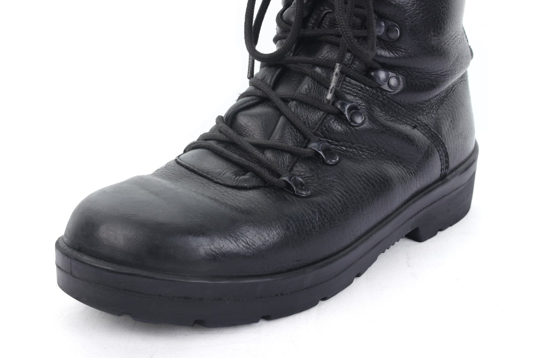 Close-up of the front toe box and speed-lacing eyelets on original German military surplus KS2005 boots.