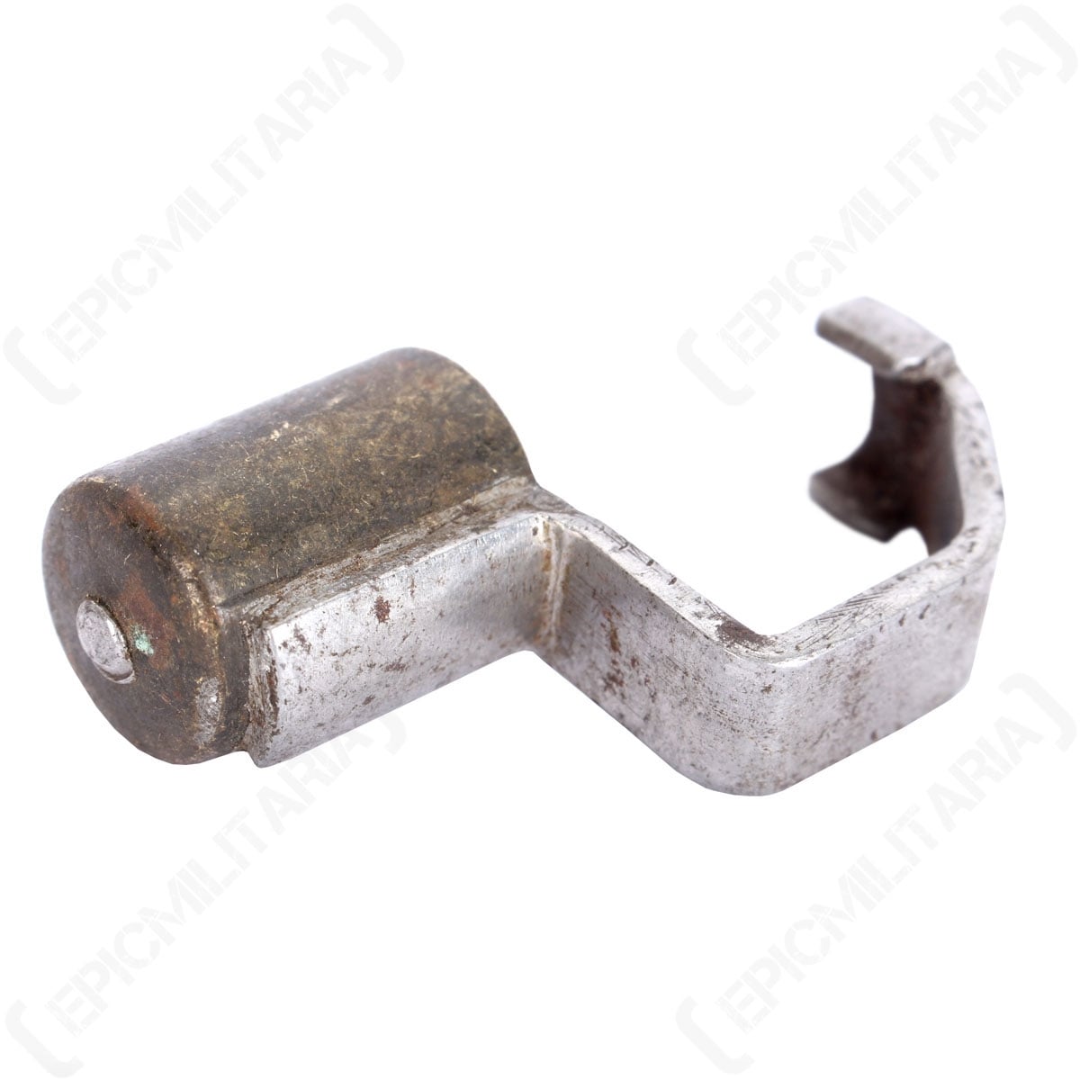 Original brass Mauser 1935 muzzle cover with a protective steel bracket for rifle barrel mounting.