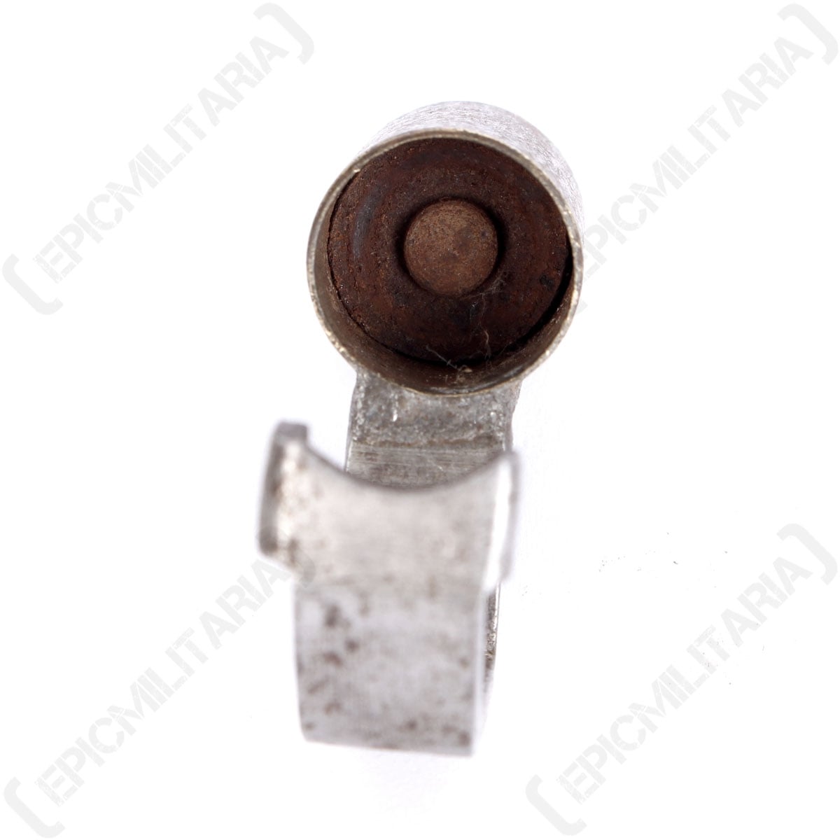 Internal view of the genuine brass Mauser 1935 muzzle cover, showing the cylindrical cap and patina finish.