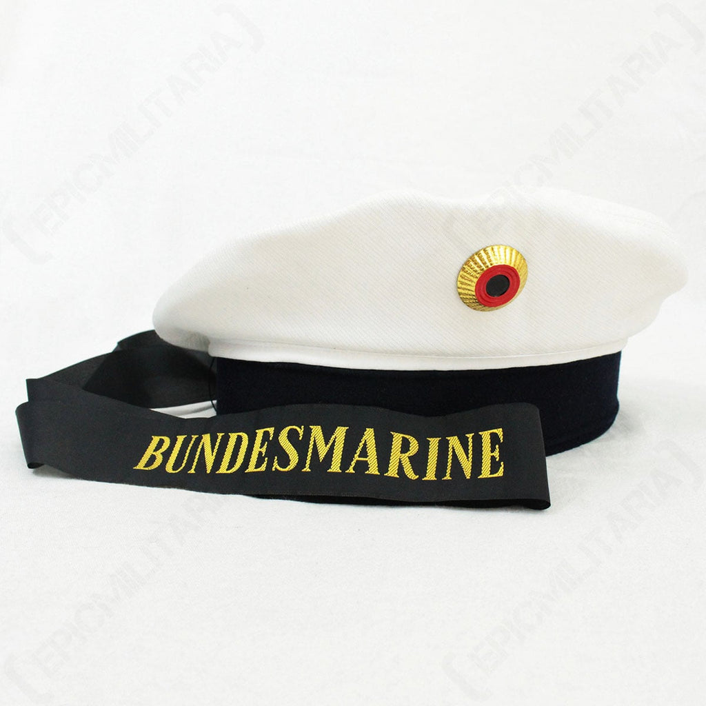 Original Bundesmarine EM Tellermütze sailor cap in white and dark blue with gold lettering on the black tally.