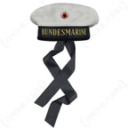 Bundesmarine sailor hat from the front, showcasing the cap tally ribbons hanging down from the dark blue wool-felt base.
