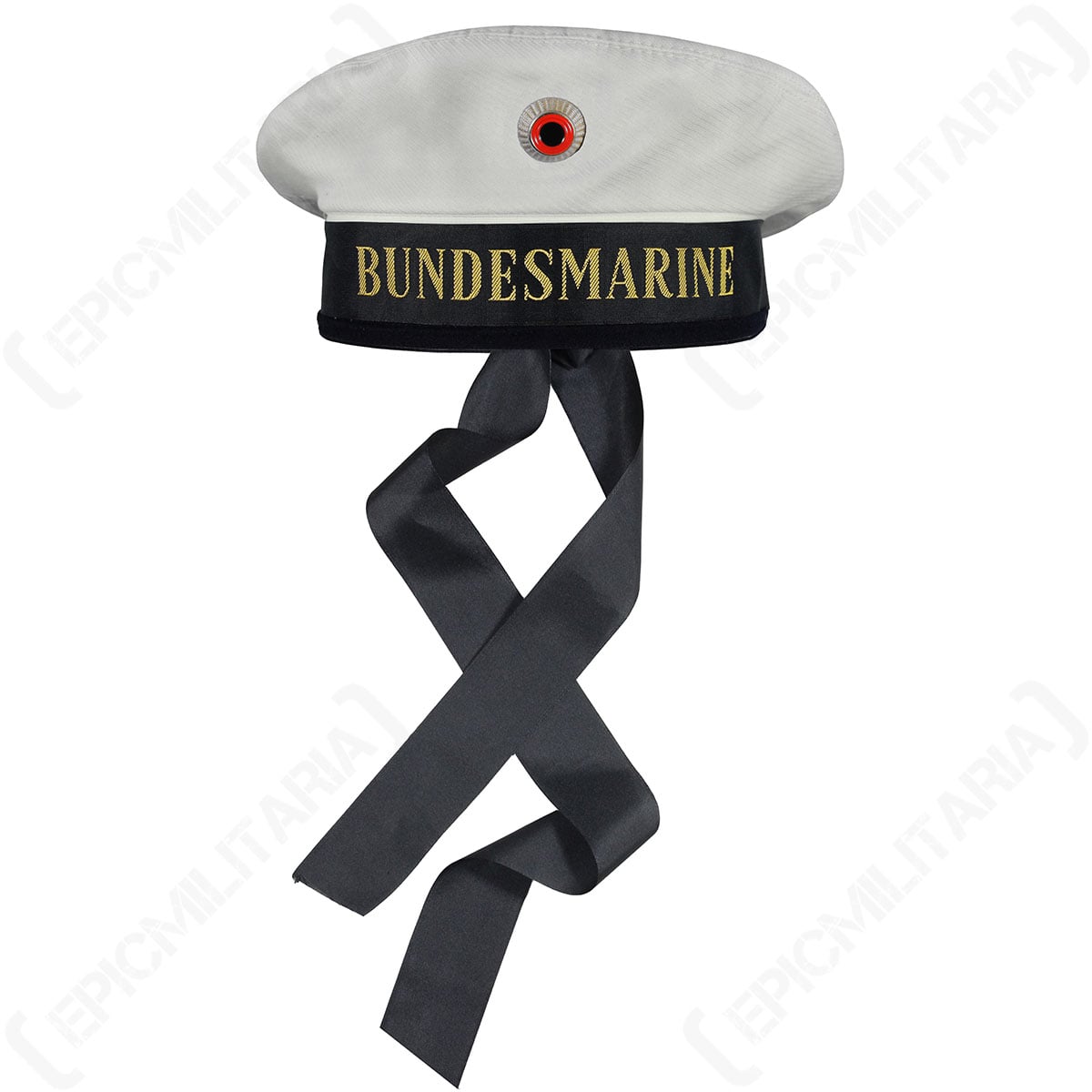 Bundesmarine sailor hat from the front, showcasing the cap tally ribbons hanging down from the dark blue wool-felt base.