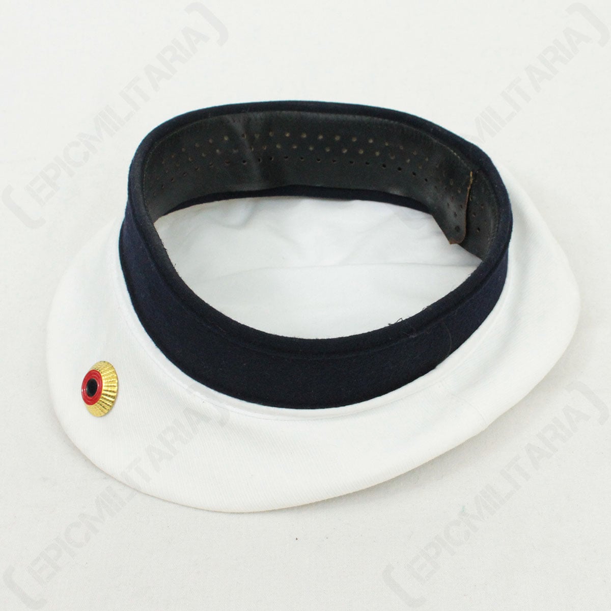 Internal view of the genuine surplus German Navy cap showing the perforated leather sweatband and white cotton top.