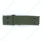Reverse view of a Vietnam War M1 helmet liner nape strap showing the flat olive-drab canvas webbing, steel attachment studs, and adjustment buckle mechanism.
