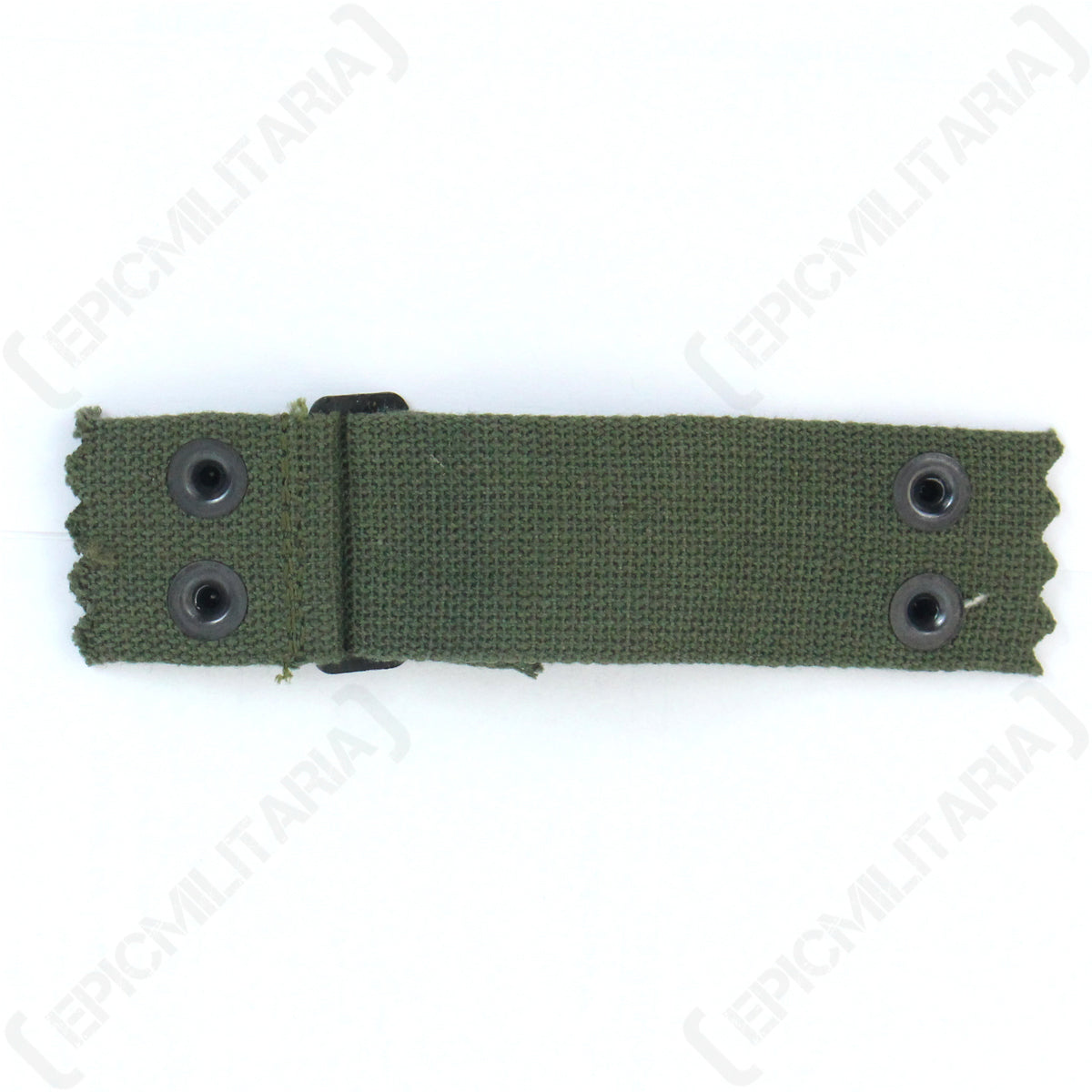Reverse view of a Vietnam War M1 helmet liner nape strap showing the flat olive-drab canvas webbing, steel attachment studs, and adjustment buckle mechanism.
