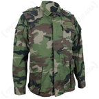 Front view of Original M97 Slovakian woodland camo field jacket with chest pockets, shoulder epaulettes, and velcro insignia panels.