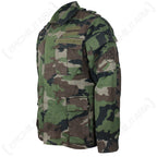 Side profile of M97 Slovakian army jacket featuring an embroidered Slovak coat of arms on the left sleeve and utility sleeve pocket.