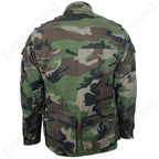 Rear view of M97 Slovakian military field jacket showing durable woodland camouflage pattern, waist adjustment capability, and lower rear pockets.