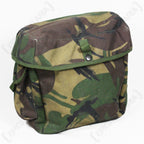 Front view of a genuine British Army S10 respirator haversack in woodland DPM camouflage pattern.