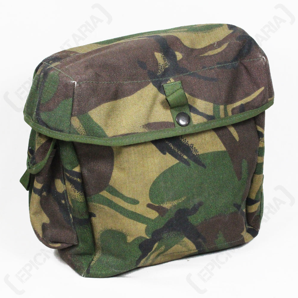 Front view of a genuine British Army S10 respirator haversack in woodland DPM camouflage pattern.