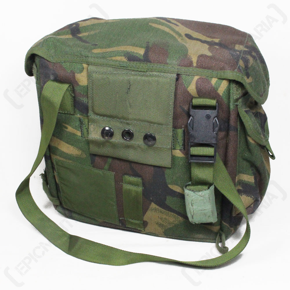 Rear view of the British Army S10 haversack showing the adjustable shoulder strap, quick-release buckle, and PLCE belt mounting points.