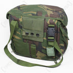 Rear view of the British Army S10 haversack showing the adjustable shoulder strap, quick-release buckle, and PLCE belt mounting points.