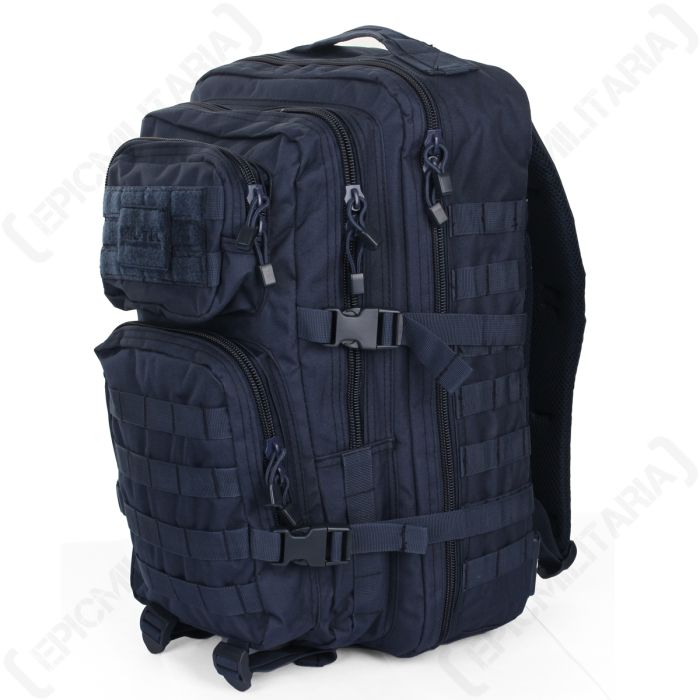 Mil-Tec 36L MOLLE assault pack in navy blue, displaying the tactical design with front gear sleeves and side adjustment straps.