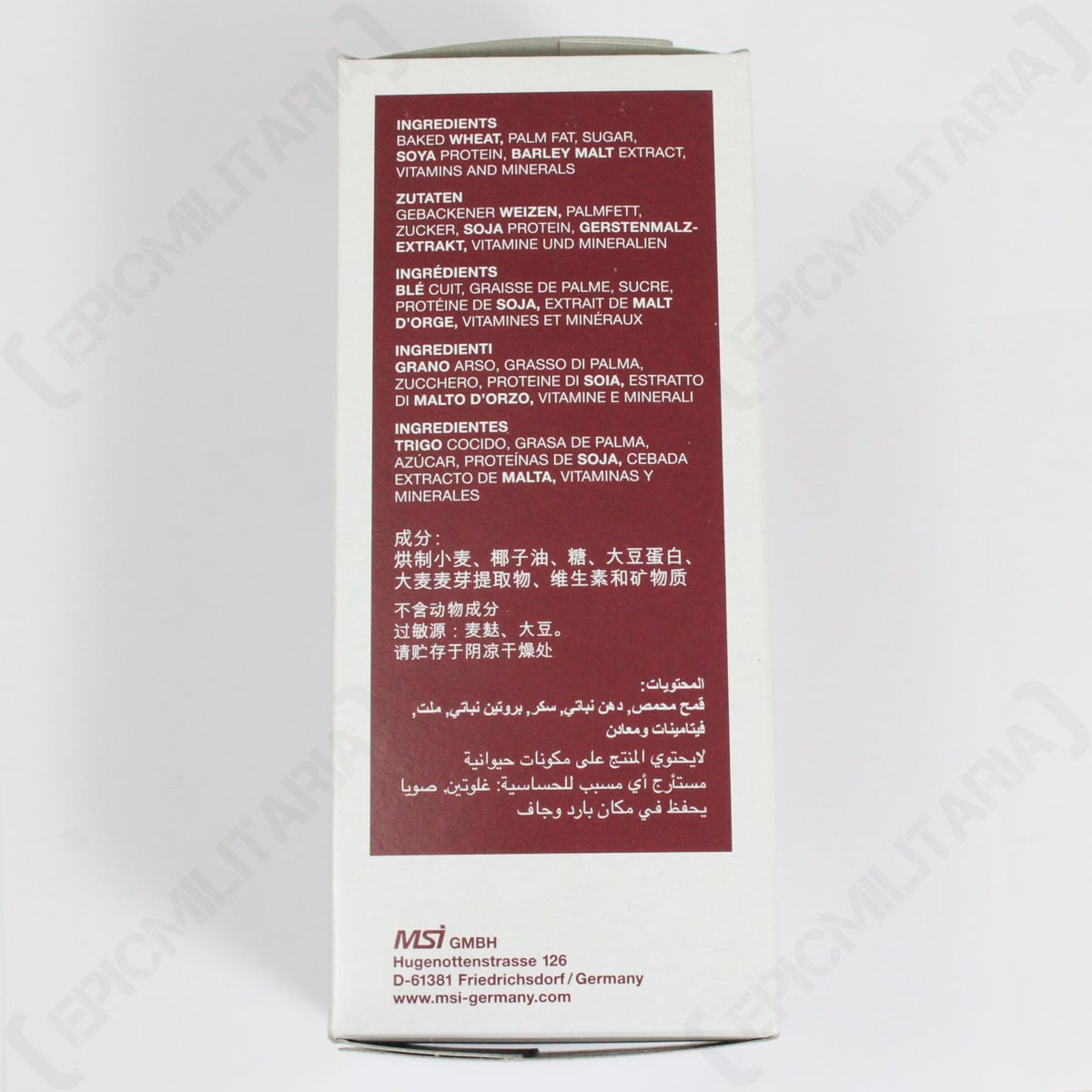 Back of a product packaging with ingredient list on a white background