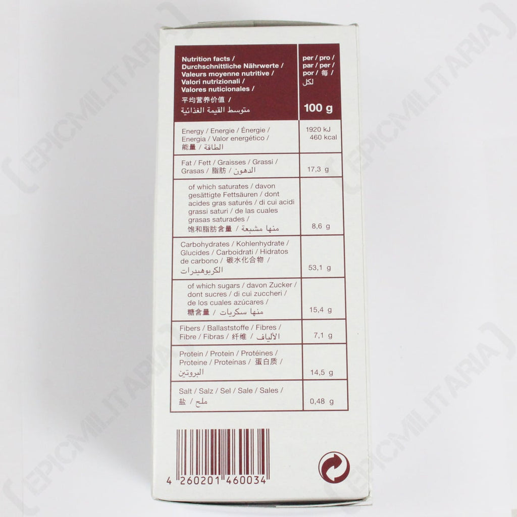 Nutritional label on a product packaging with text and numbers.