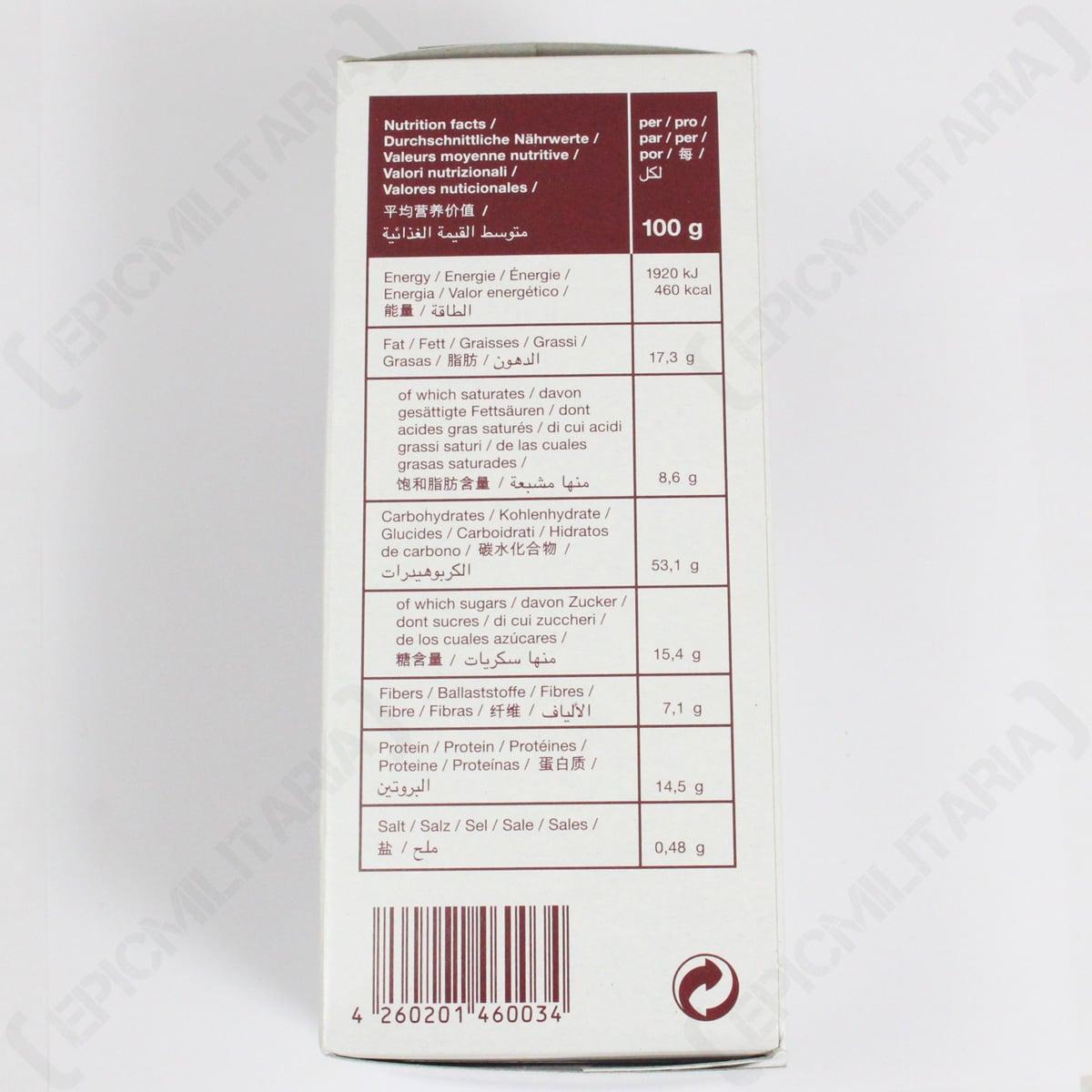 Nutritional label on a product packaging with text and numbers.