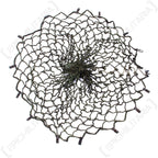 Full view of an olive drab East German NVA surplus helmet net featuring an open mesh design and metal attachment clips.